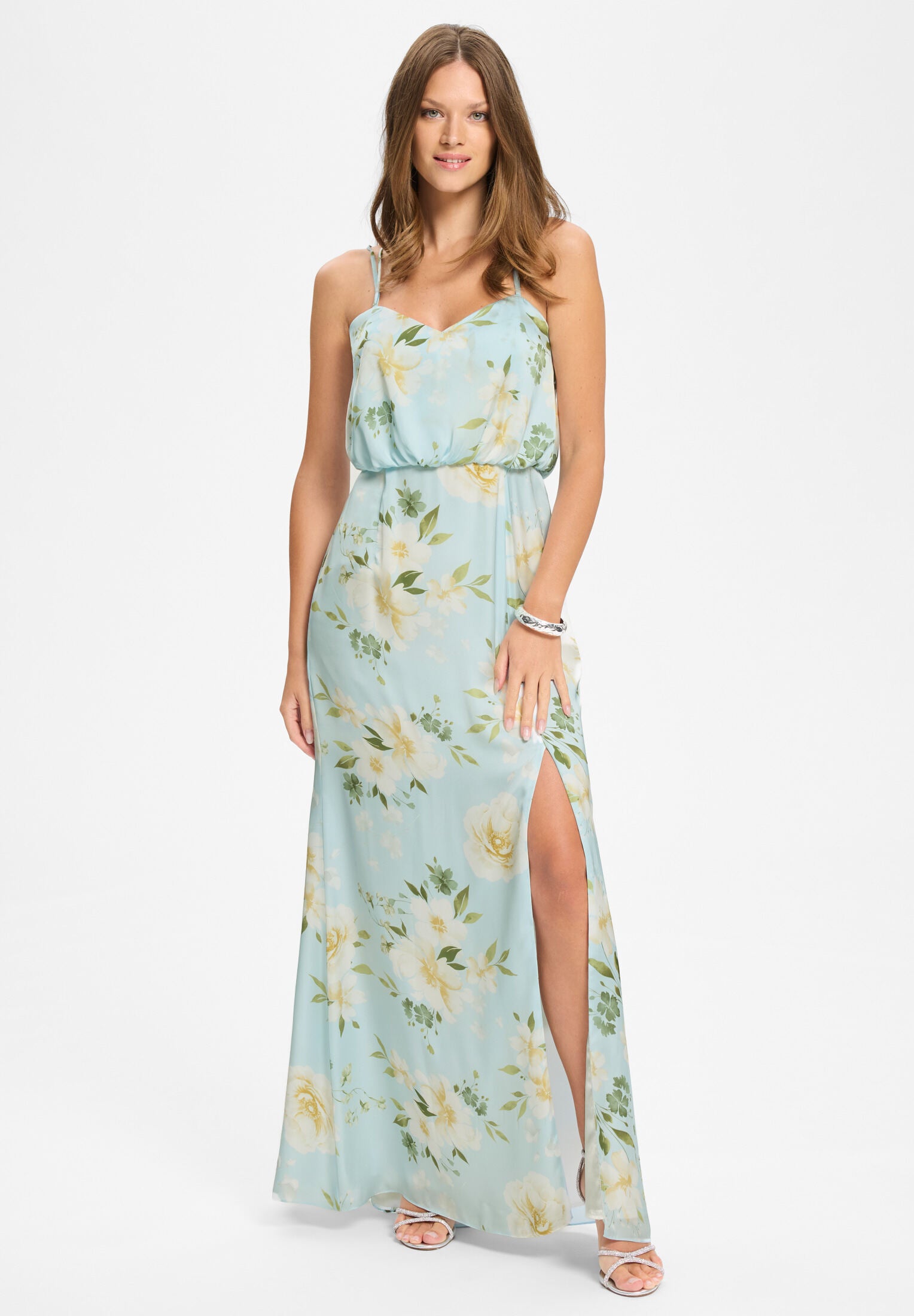 Abendkleid aus floral bedrucktem Satin mit gekreuzten Spaghettiträgern baby blue | multi