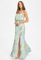 Abendkleid aus floral bedrucktem Satin mit gekreuzten Spaghettiträgern