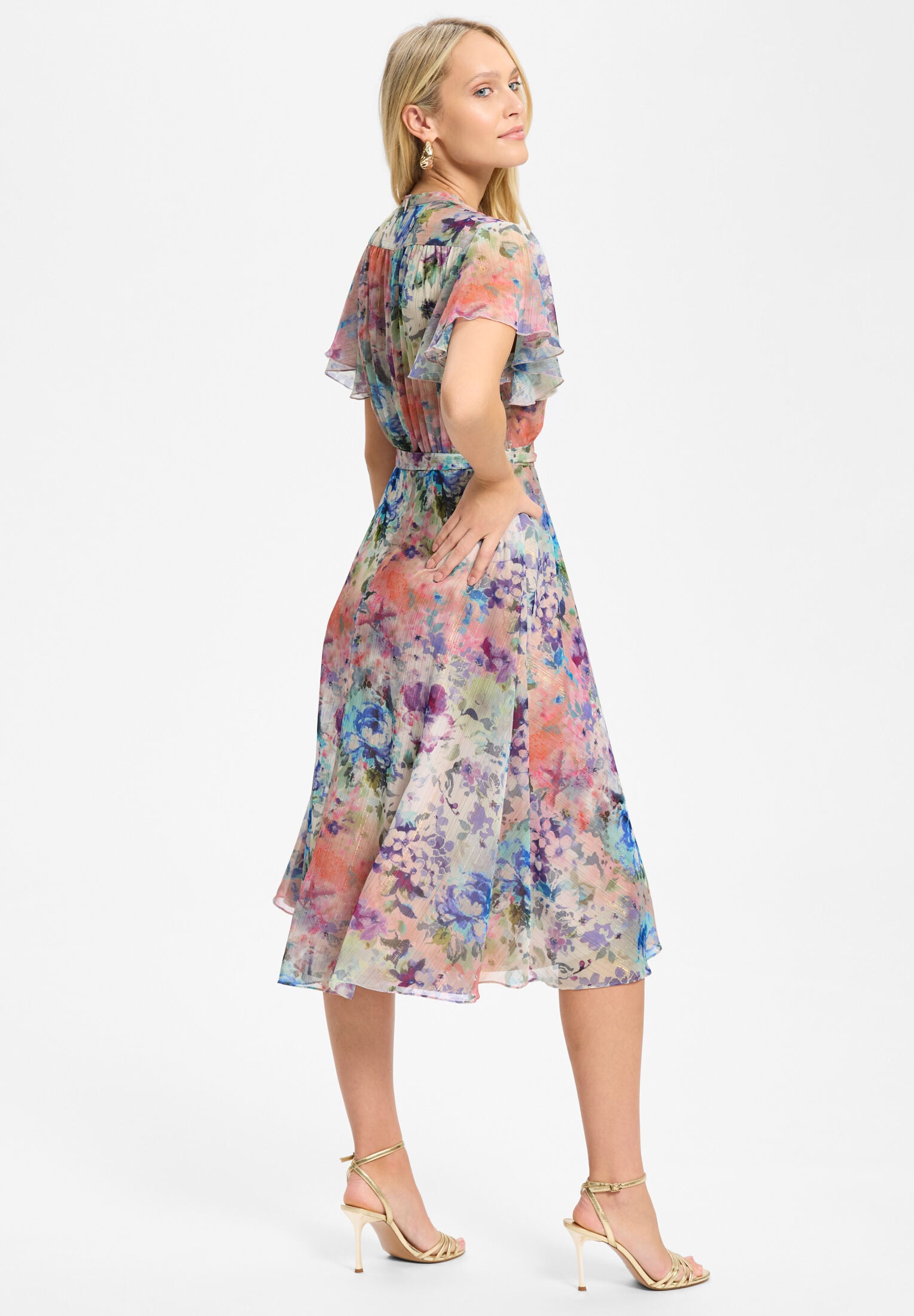 Midi Kleid in Wickel Optik aus bedrucktem Chiffon mit Metallicfäden