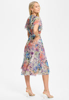 Midi Kleid in Wickel Optik aus bedrucktem Chiffon mit Metallicfäden