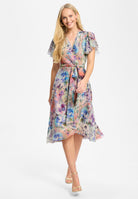 Midi Kleid in Wickel Optik aus bedrucktem Chiffon mit Metallicfäden burnt orange | multi