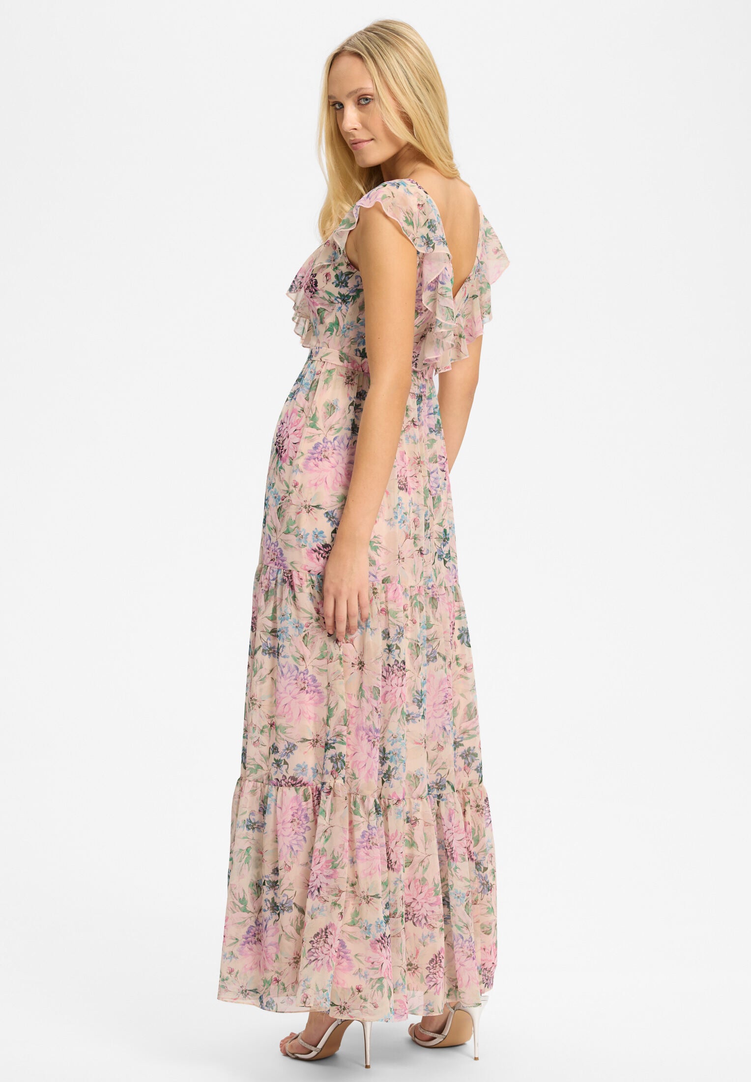 Maxikleid aus floral bedrucktem Chiffon mit Rüschen und Volants