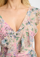 Maxikleid aus floral bedrucktem Chiffon mit Rüschen und Volants