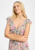 Maxikleid aus floral bedrucktem Chiffon mit Rüschen und Volants