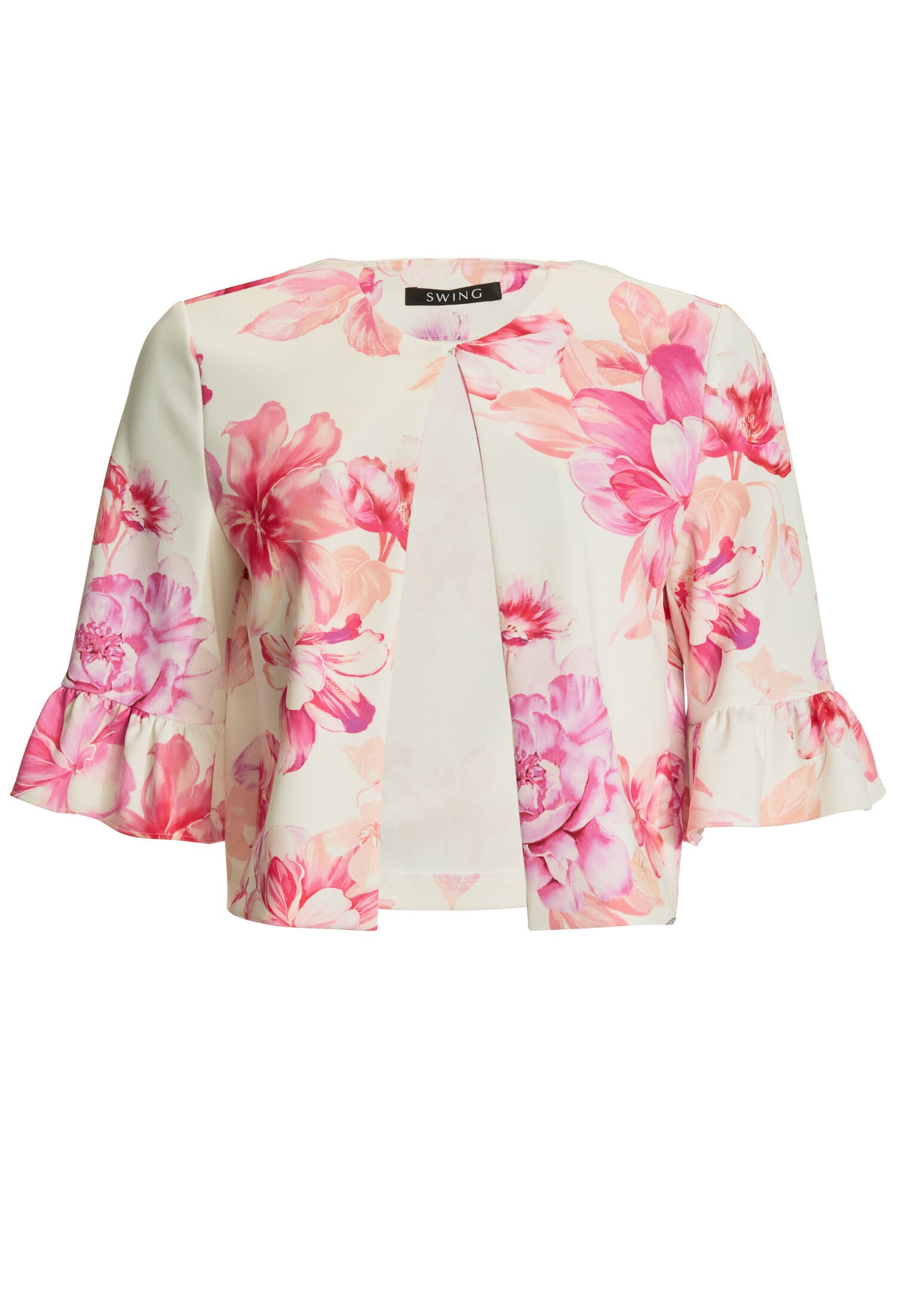 Kastige Jacke aus bedrucktem Scuba mit Rüsche am Ärmelsaum