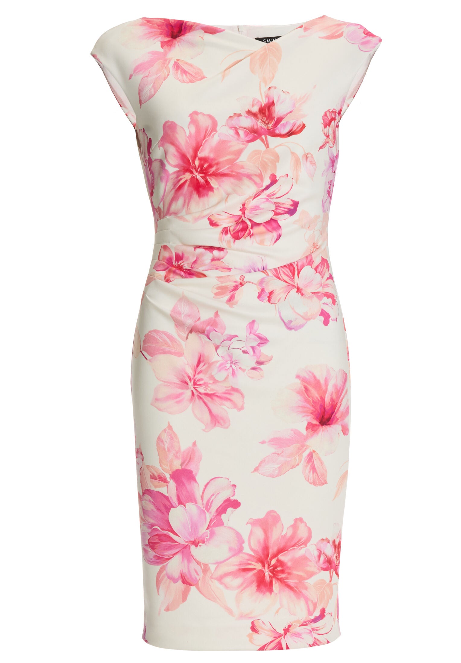 Etuikleid aus bedrucktem Scuba mit Drapierungen