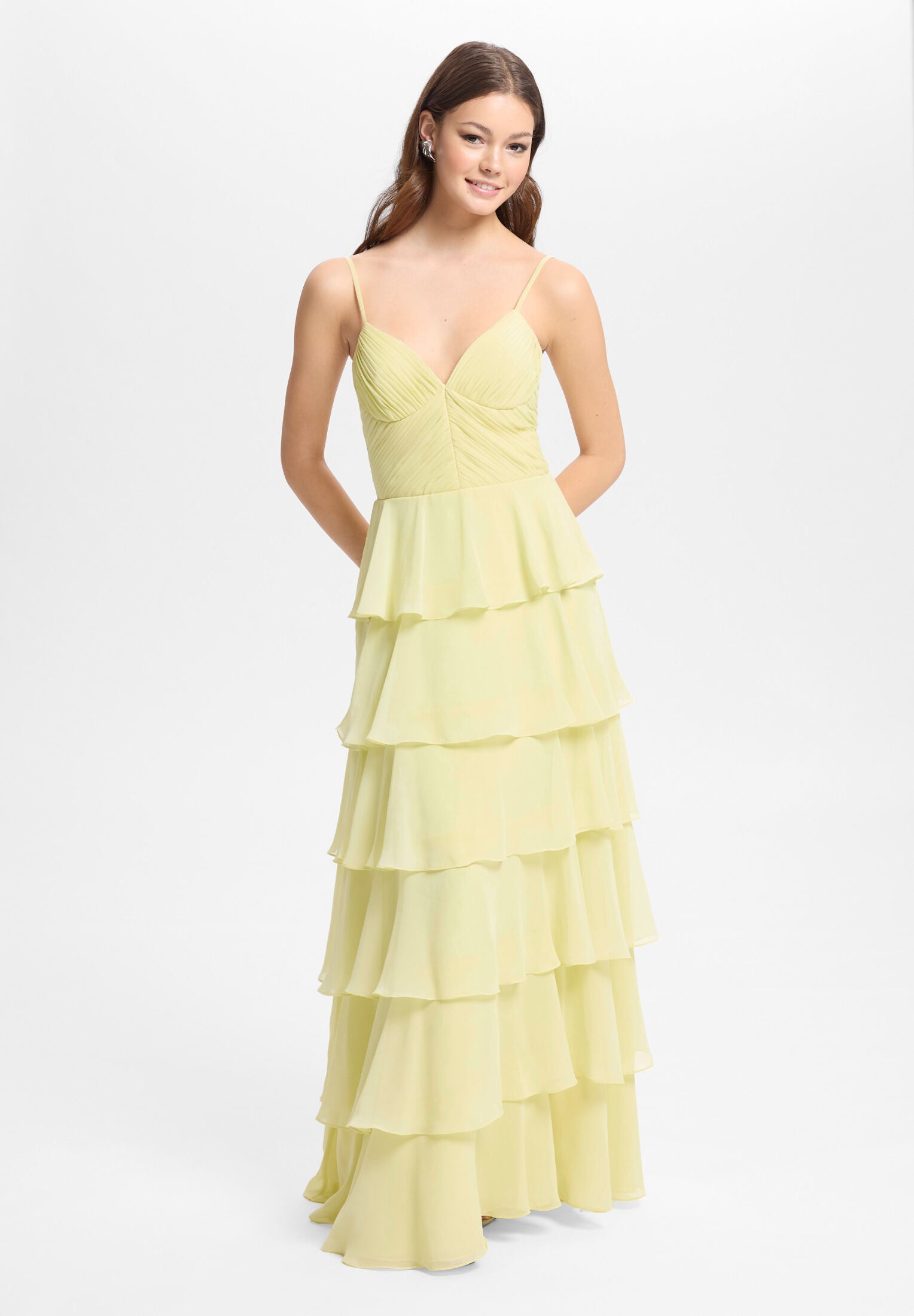 Abendkleid aus Chiffon mit Volants butter yellow