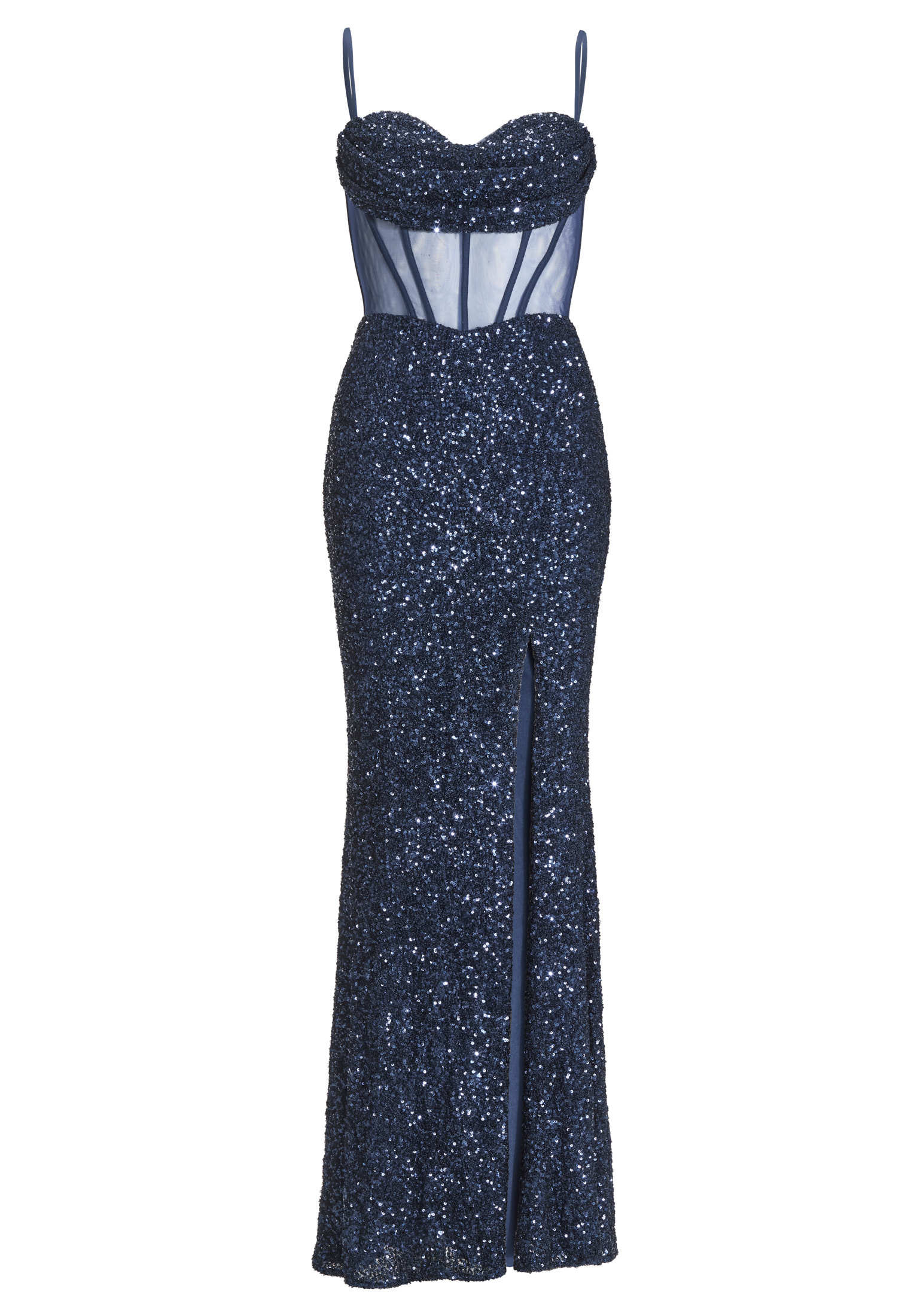 Paillettenkleid mit Taillenpart in See-through Optik