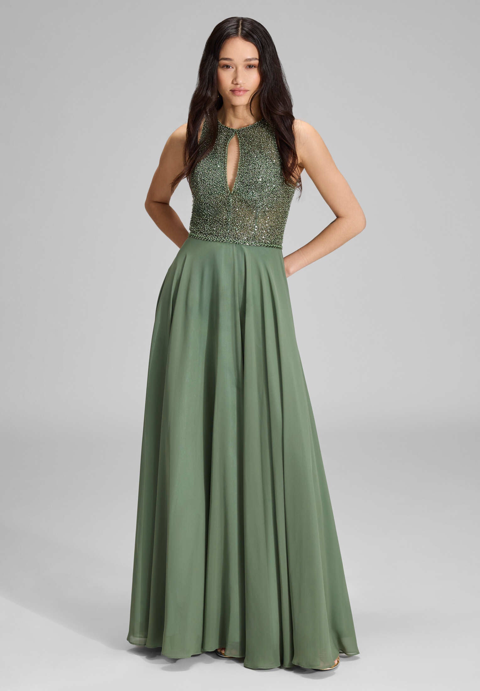 Abendkleid mit Stickerei und Cut-Out Detail leaf green