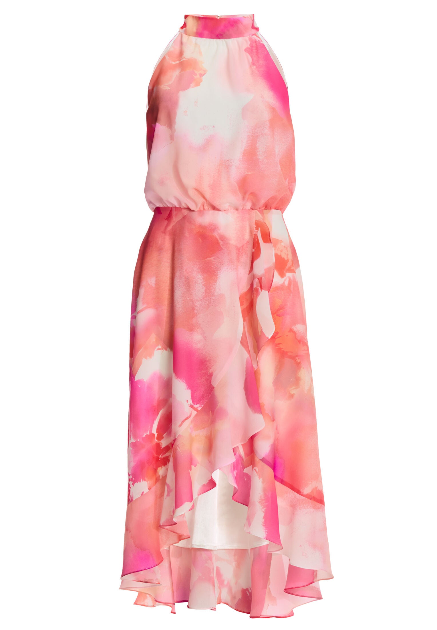 Cocktail Kleid aus bedrucktem Chiffon mit Volant am Saum