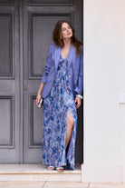 Abendkleid aus bedrucktem Jersey Plissee mit Metallic Faden navy | future blue