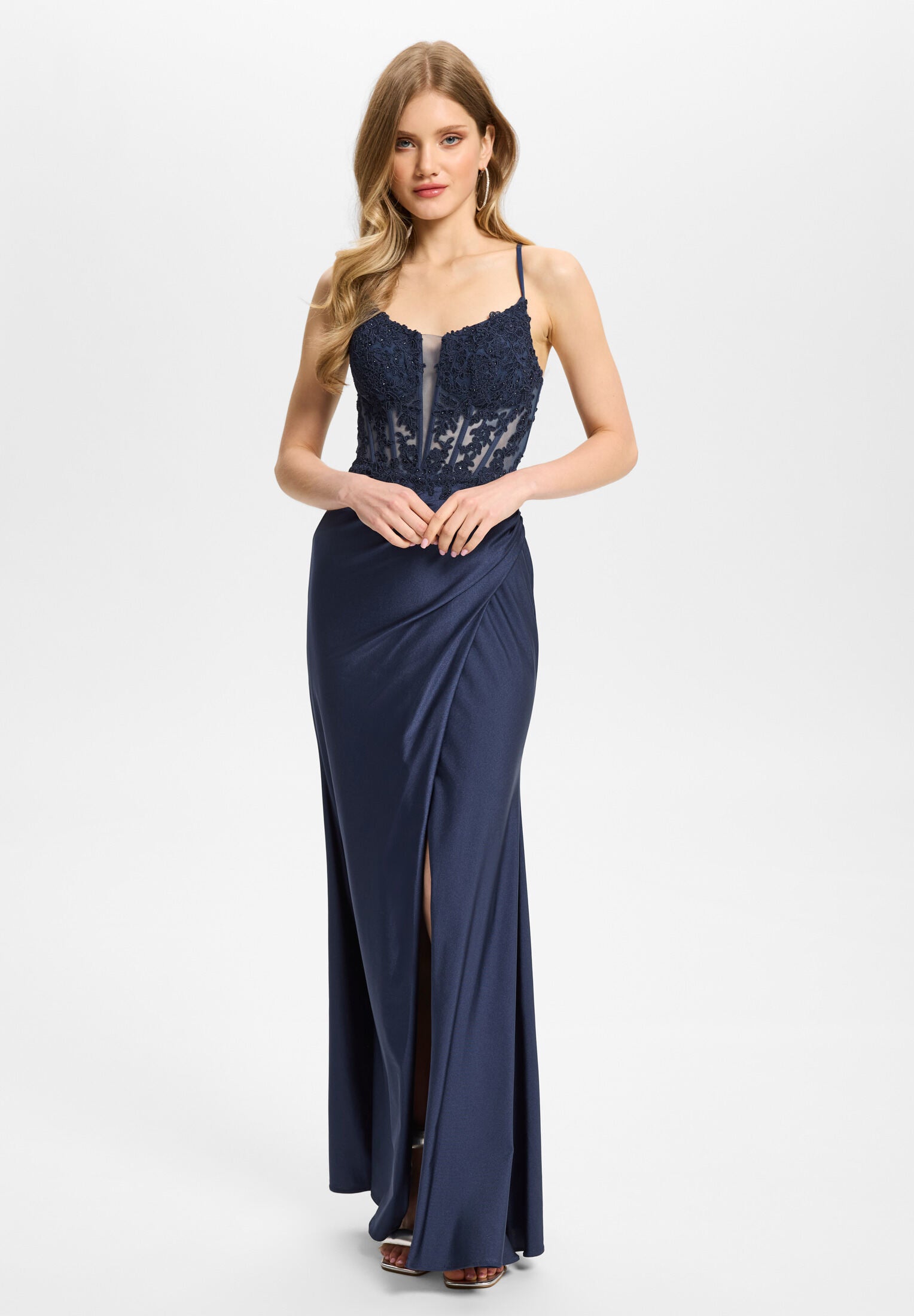 Bodycon Kleid mit Spitzenstickerei und Beinschlitz navy