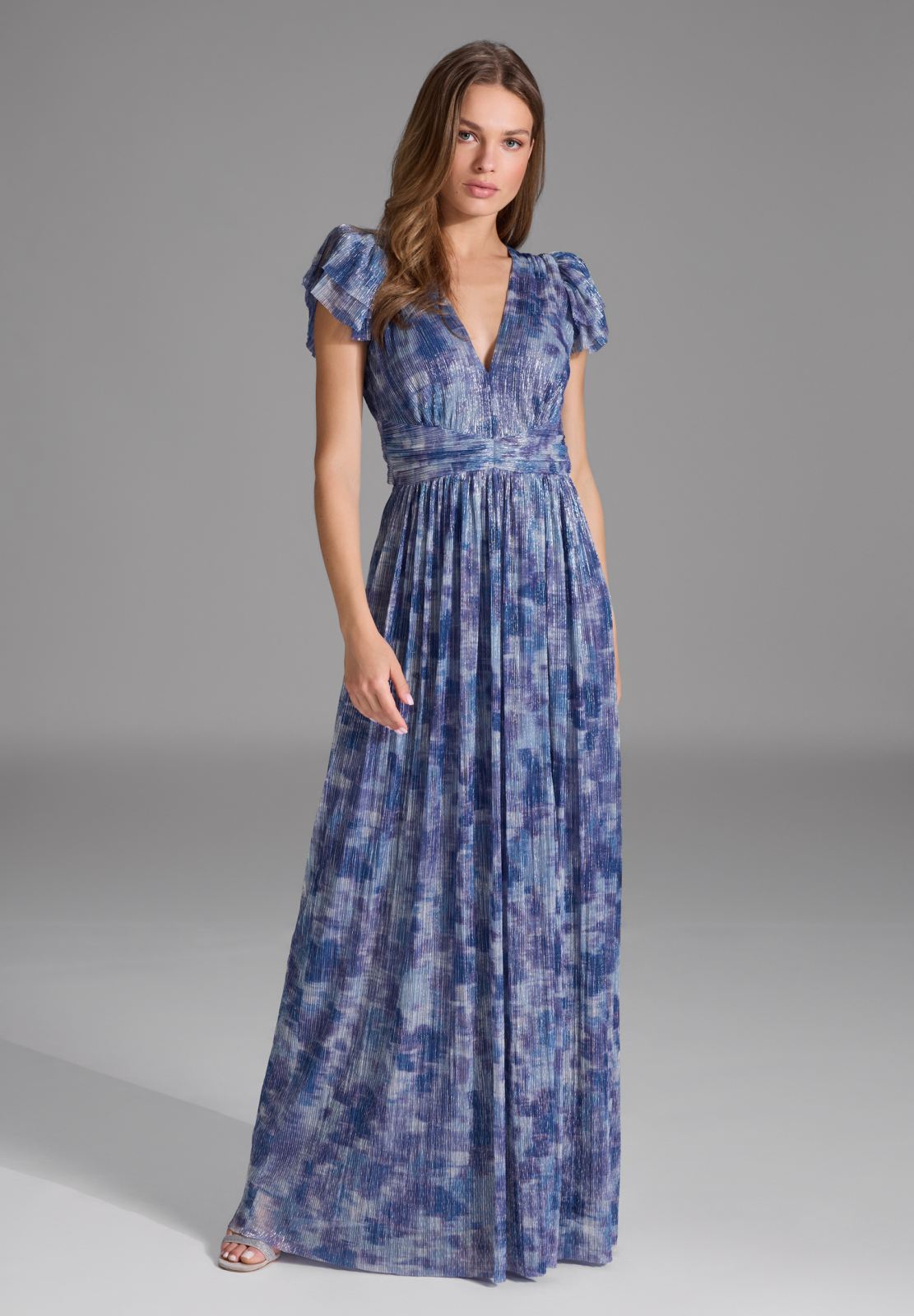 Abendkleid aus bedrucktem Jersey Plissee mit Metallic Faden