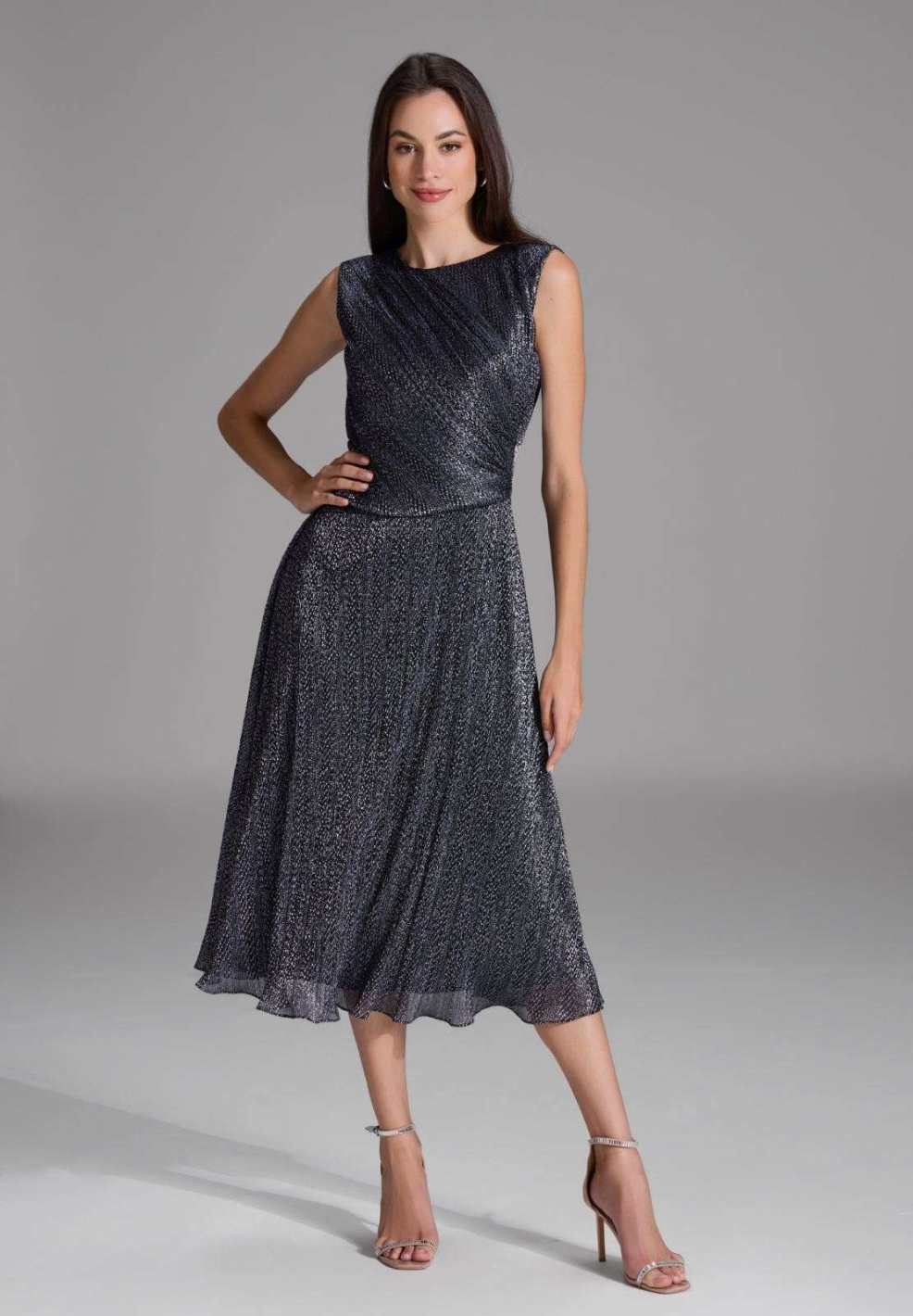 Plissiertes Midi Kleid mit Metallic Fäden navy