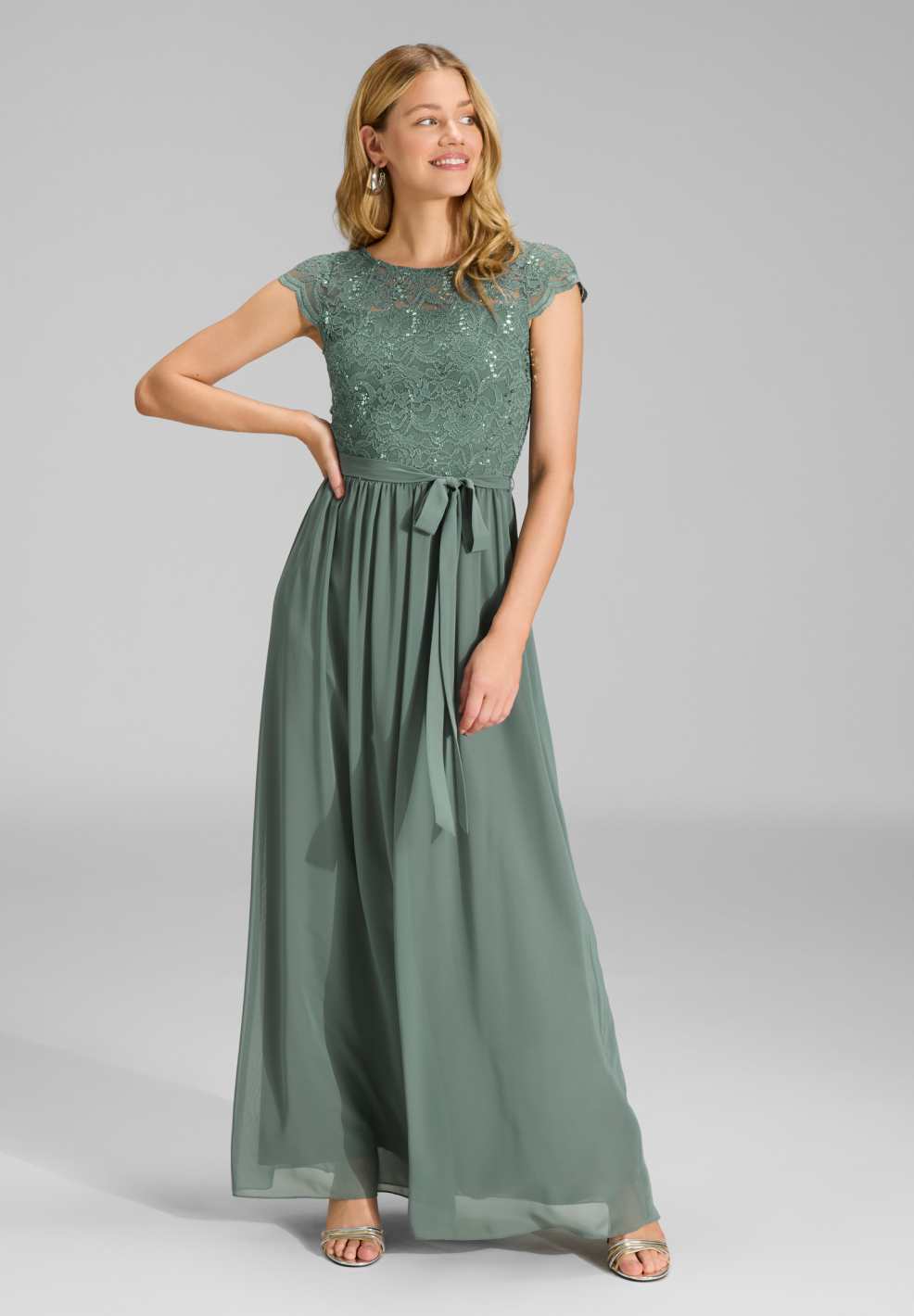 Abendkleid aus Chiffon mit paillettenbesetztem Spitzenoberteil deep slate