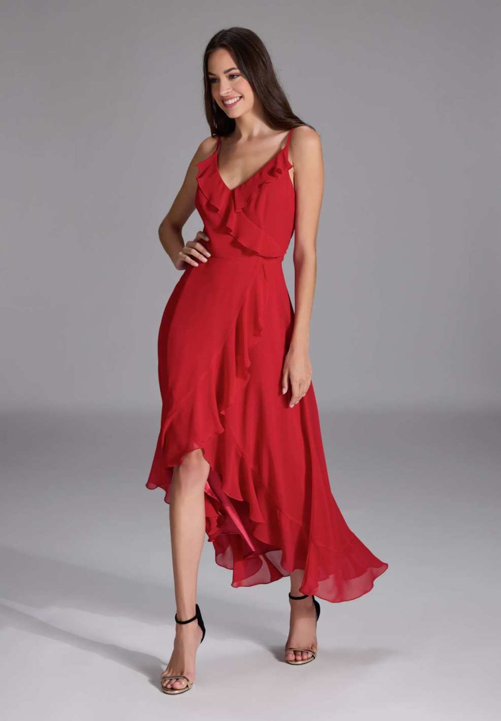 Abendkleid aus Chiffon Vokuhila Saum und Volants