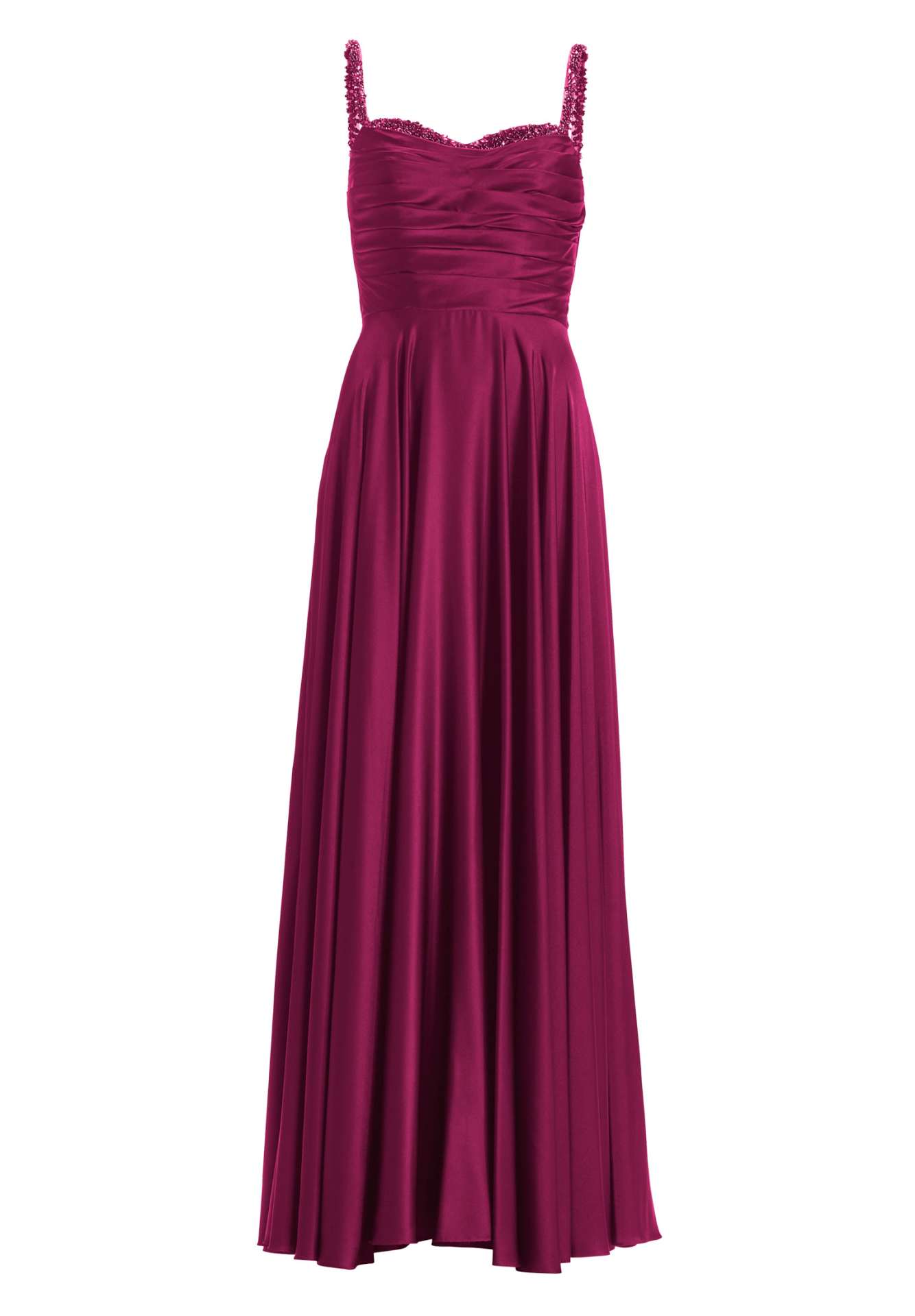 Satinkleid mit drapiertem Top und bestickten Trägern