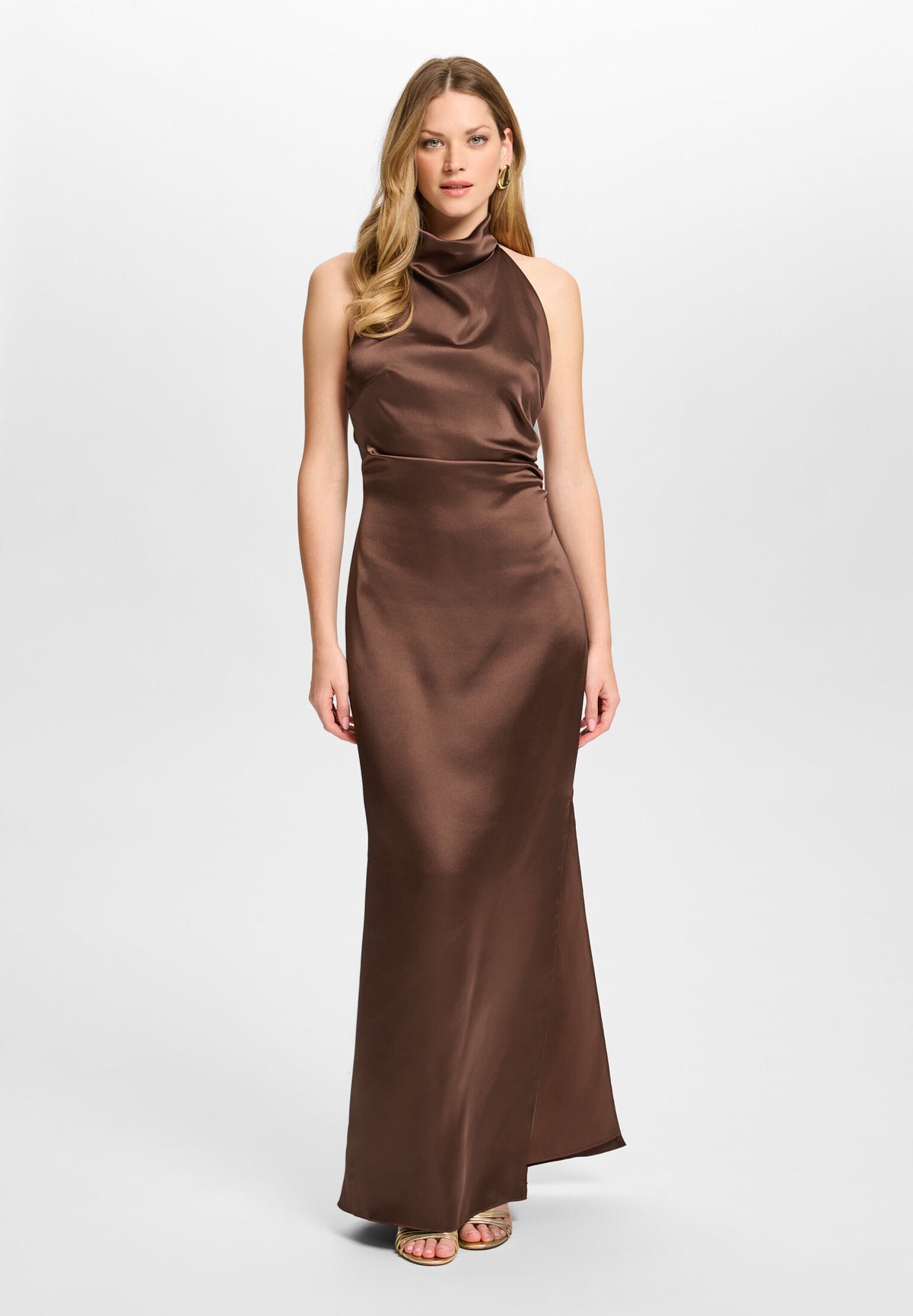 Figurbetontes Abendkleid aus Stretch Satin mit Drapierung am Kragen