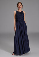 High-closed-Abendkleid mit floraler Spitze navy