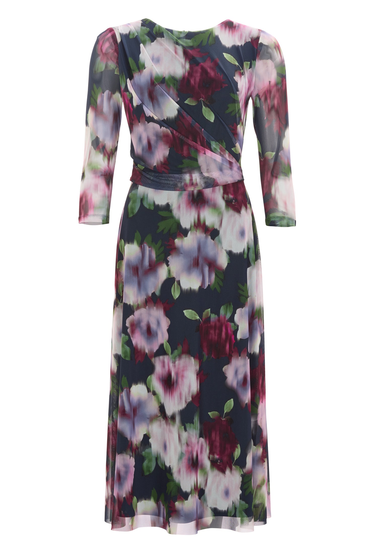 Midi Kleid aus bedrucktem Mesh mit Drapierung im Oberteil