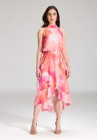 Cocktail Kleid aus bedrucktem Chiffon mit Volant am Saum hibiskus pink | multi