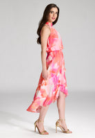 Cocktail Kleid aus bedrucktem Chiffon mit Volant am Saum