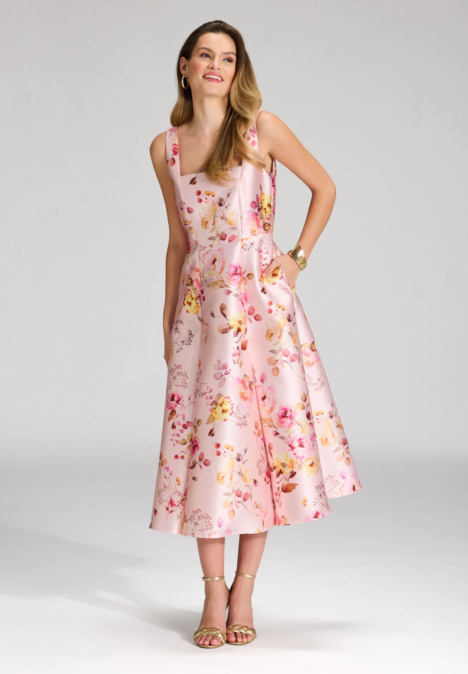 Cocktailkleid mit Karree-Ausschnitt aus floral bedrucktem Twill raspberry pink | multi