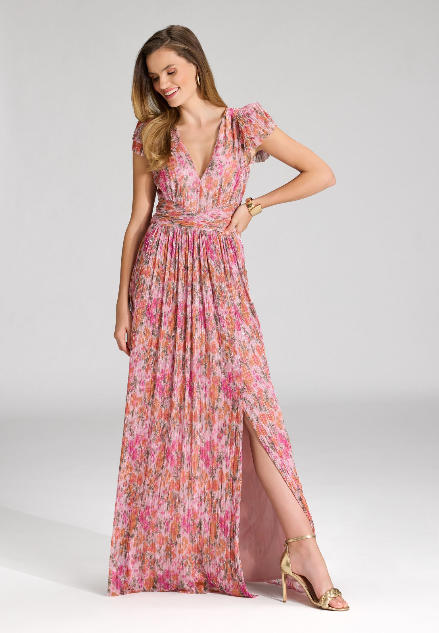 Abendkleid aus bedrucktem Plissee Jersey mit betonter Schulter raspberry pink | multi