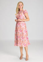 Midi Kleid aus bedrucktem Plissee Jersey mit kurzen Ärmeln raspberry pink | multi