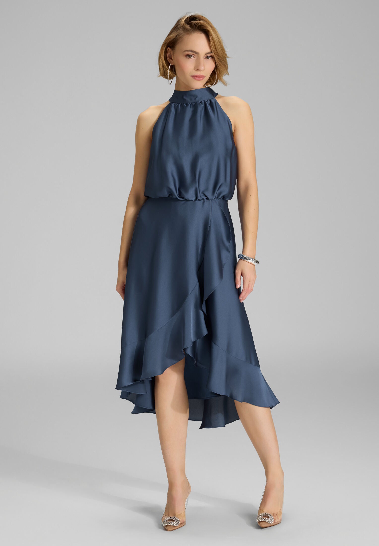 Cocktailkleid aus Satin mit Volant timeless blue