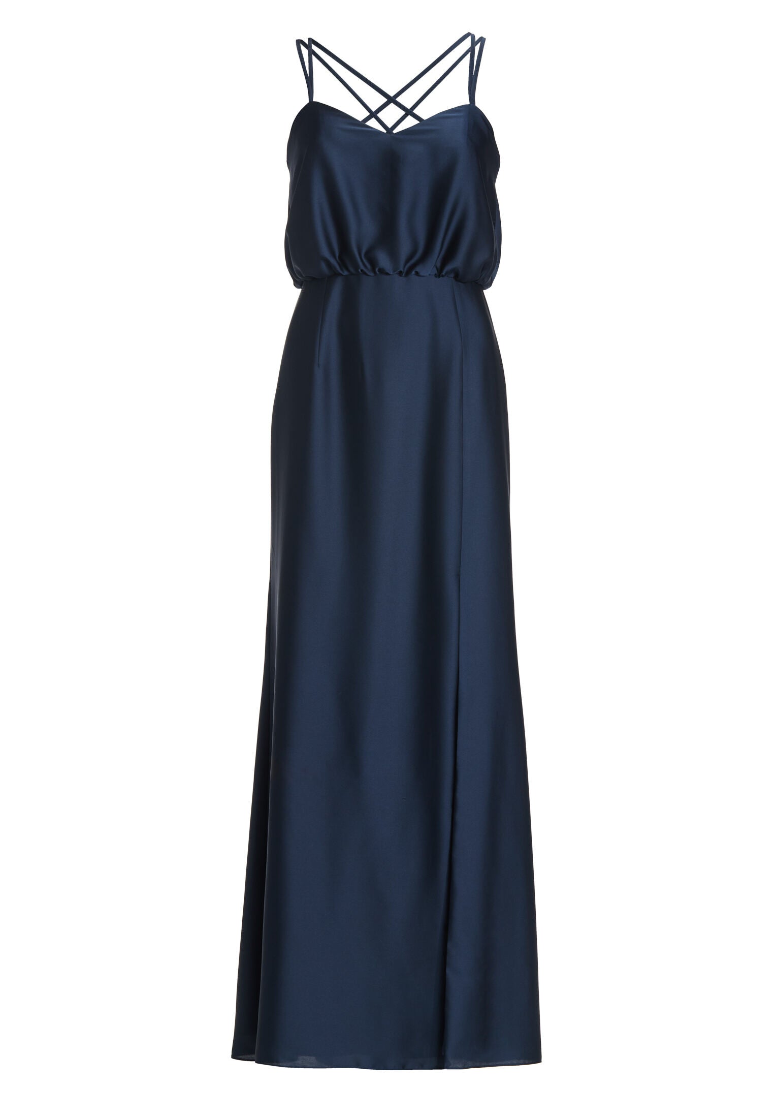 Abendkleid aus nachhaltigem Satin mit gekreuzten Spagettiträgern
