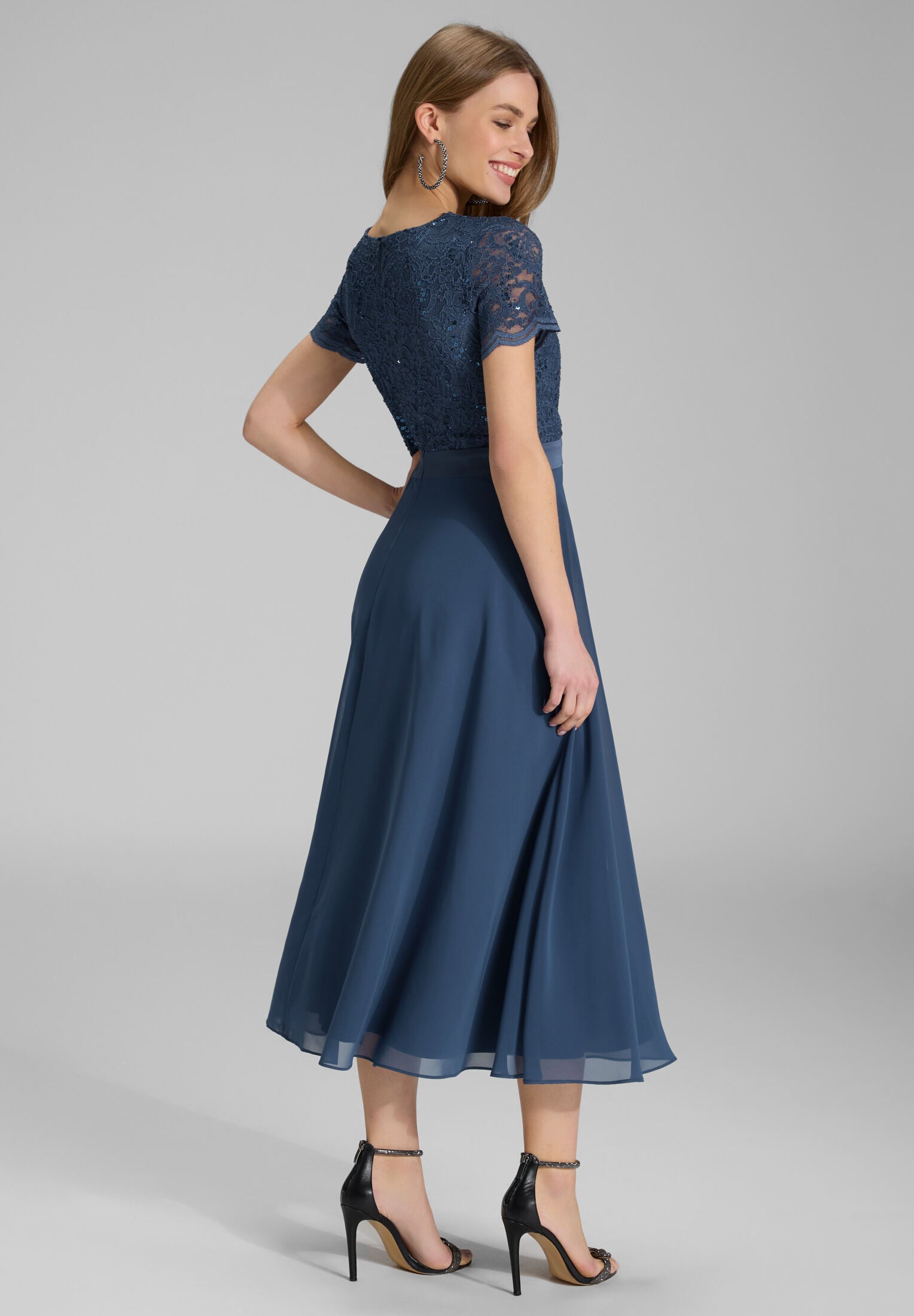 Cocktailkleid Halbarm aus Spitze-Chiffon-Mix