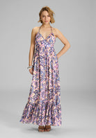 Neckholder Maxi Kleid aus bedrucktem Chiffon mit Glitzerstreifen Champagne Cream