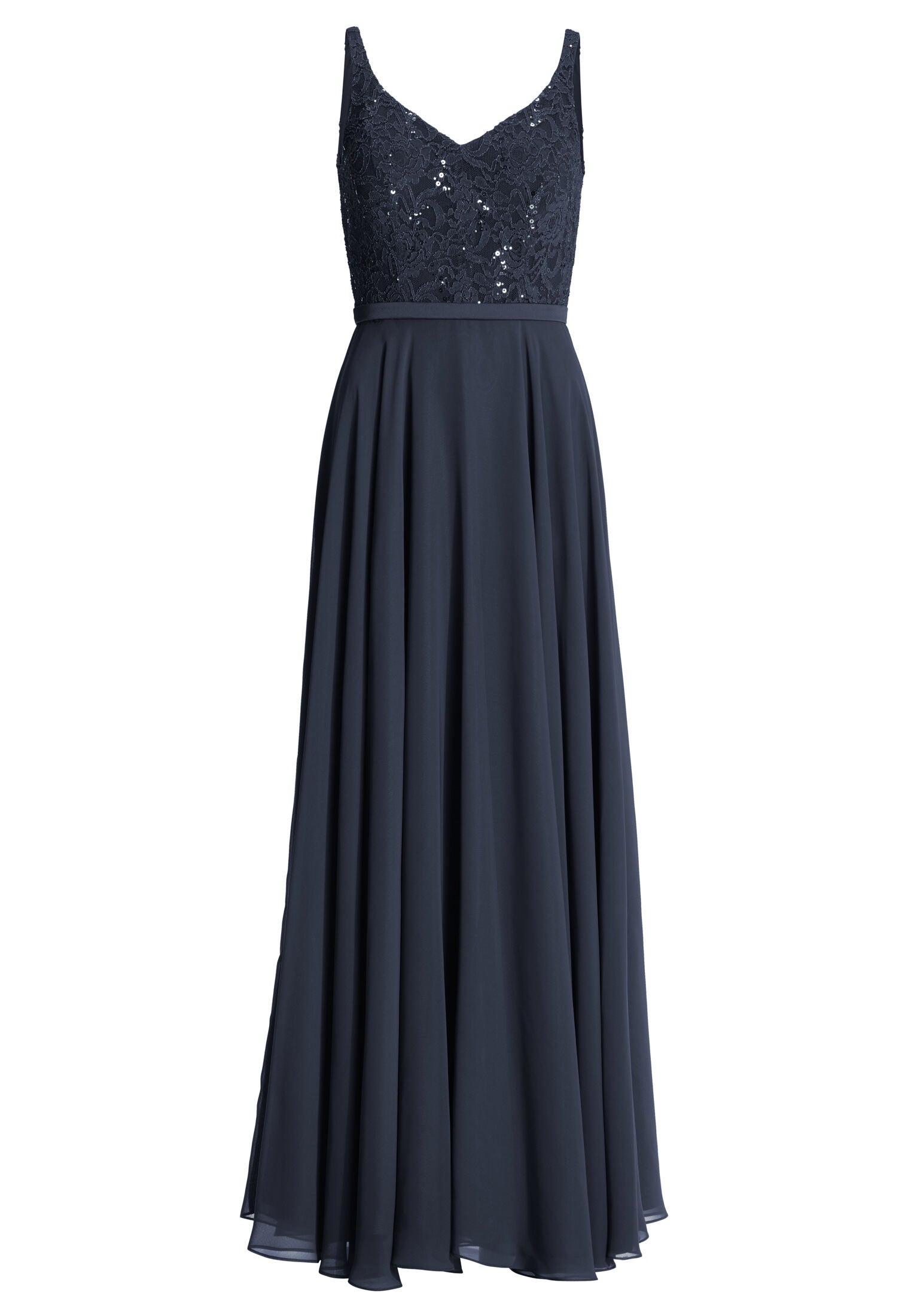 Abendkleid aus Material-Mix mit weit schwingendem Rock