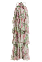 Abendkleid aus bedrucktem Chiffon mit gestuften Volants